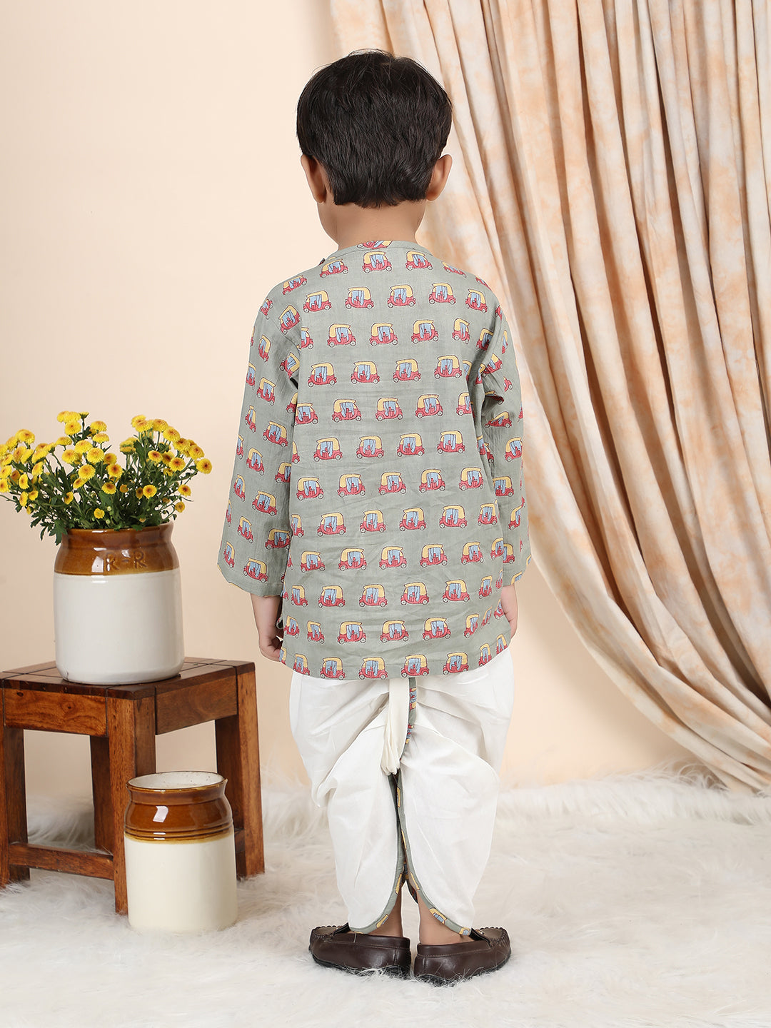 Polka Tots Cotton Full Sleeve Auto Rickshaw Angrakha Top With Dhoti - Green