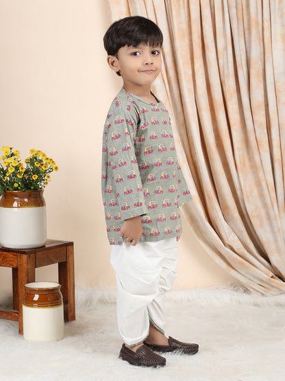 Polka Tots Cotton Full Sleeve Auto Rickshaw Angrakha Top With Dhoti - Green