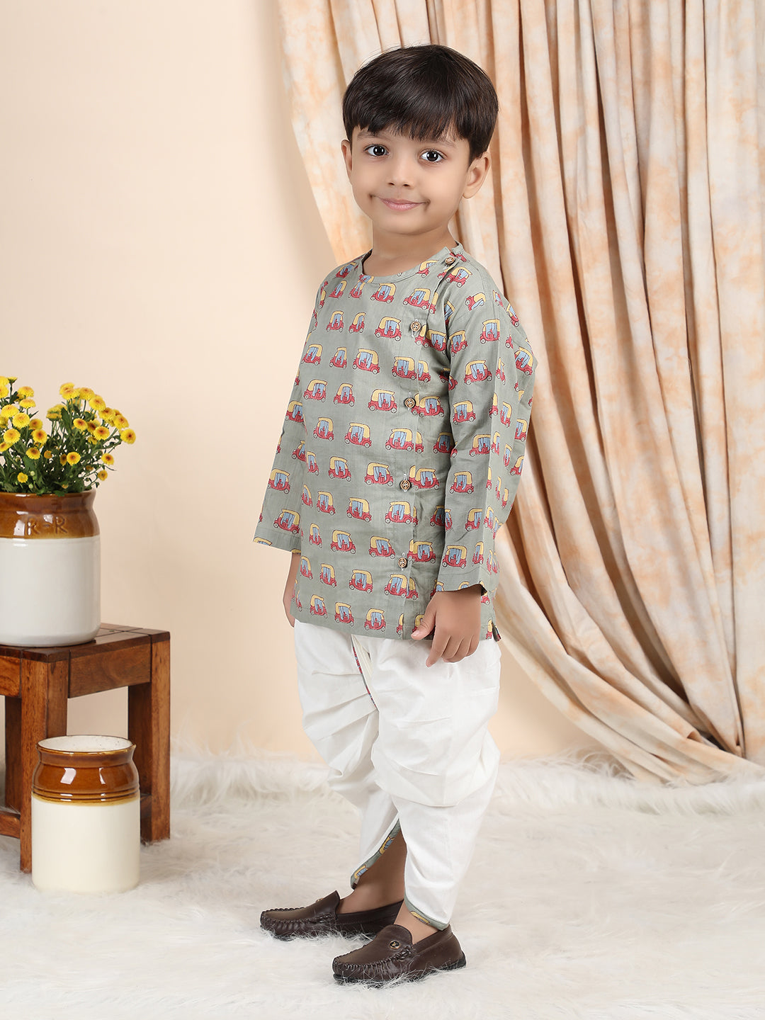 Polka Tots Cotton Full Sleeve Auto Rickshaw Angrakha Top With Dhoti - Green