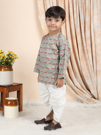 Polka Tots Cotton Full Sleeve Auto Rickshaw Angrakha Top With Dhoti - Green