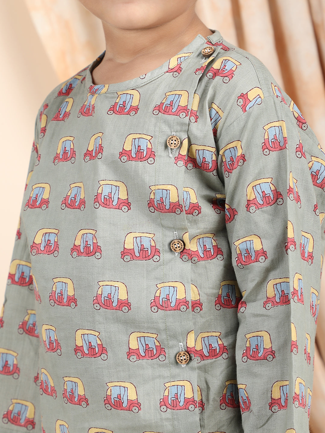 Polka Tots Cotton Full Sleeve Auto Rickshaw Angrakha Top With Dhoti - Green