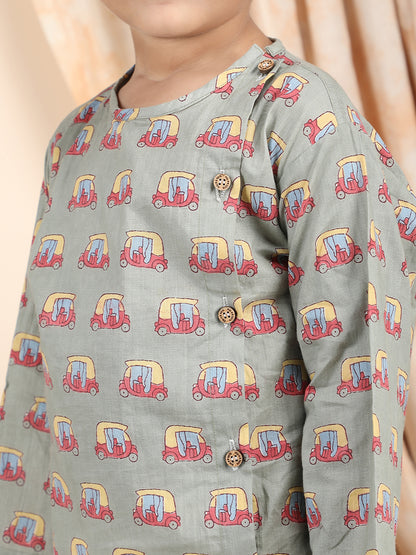 Polka Tots Cotton Full Sleeve Auto Rickshaw Angrakha Top With Dhoti - Green