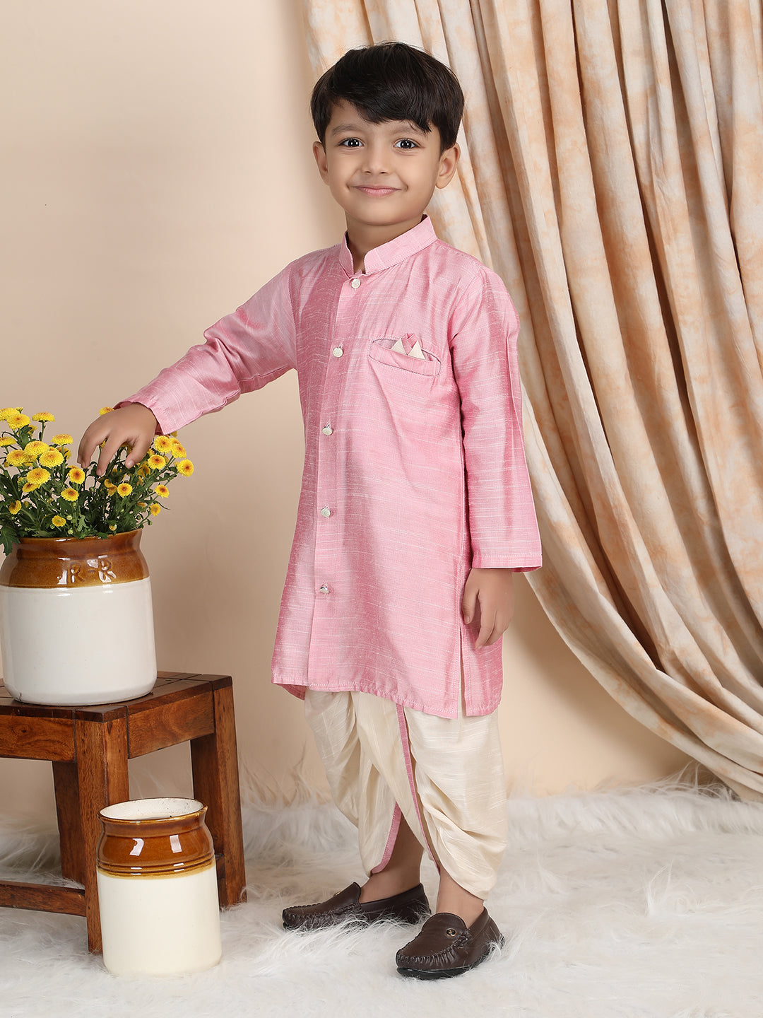 Polka Tots Full Sleeve Solid Kurta with Dhoti Set with Contrast Pocket - Pink