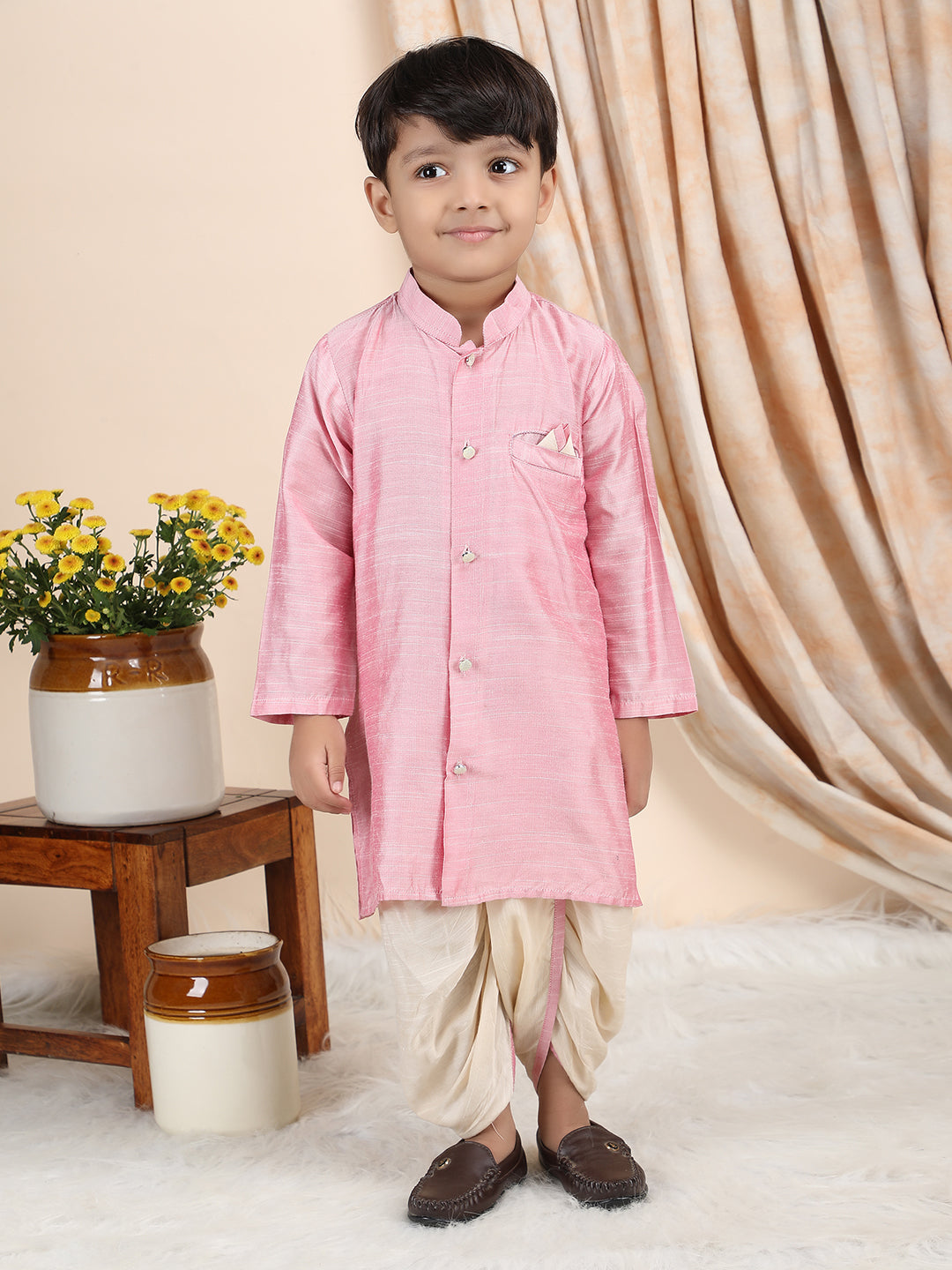 Polka Tots Full Sleeve Solid Kurta with Dhoti Set with Contrast Pocket - Pink