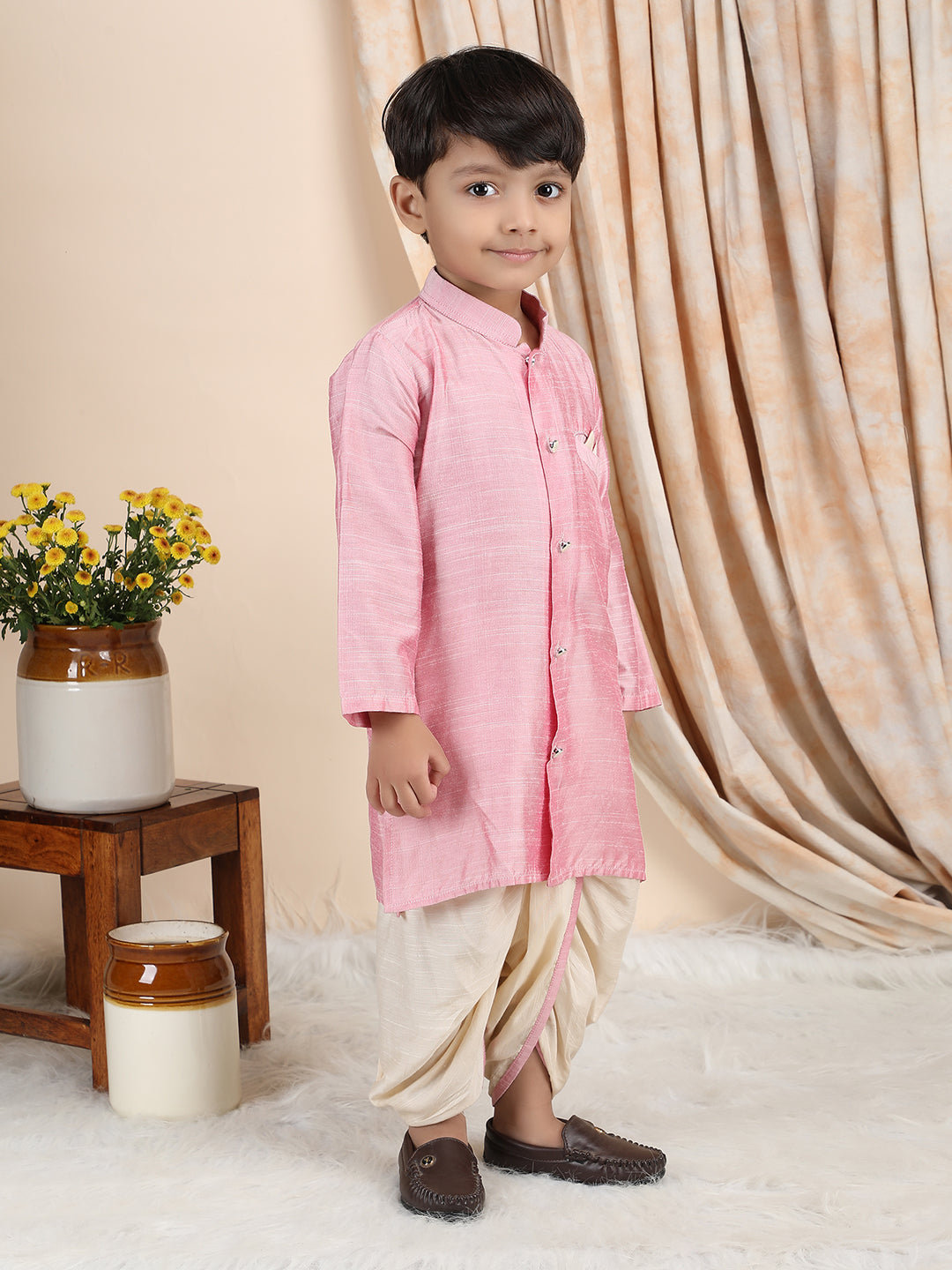 Polka Tots Full Sleeve Solid Kurta with Dhoti Set with Contrast Pocket - Pink