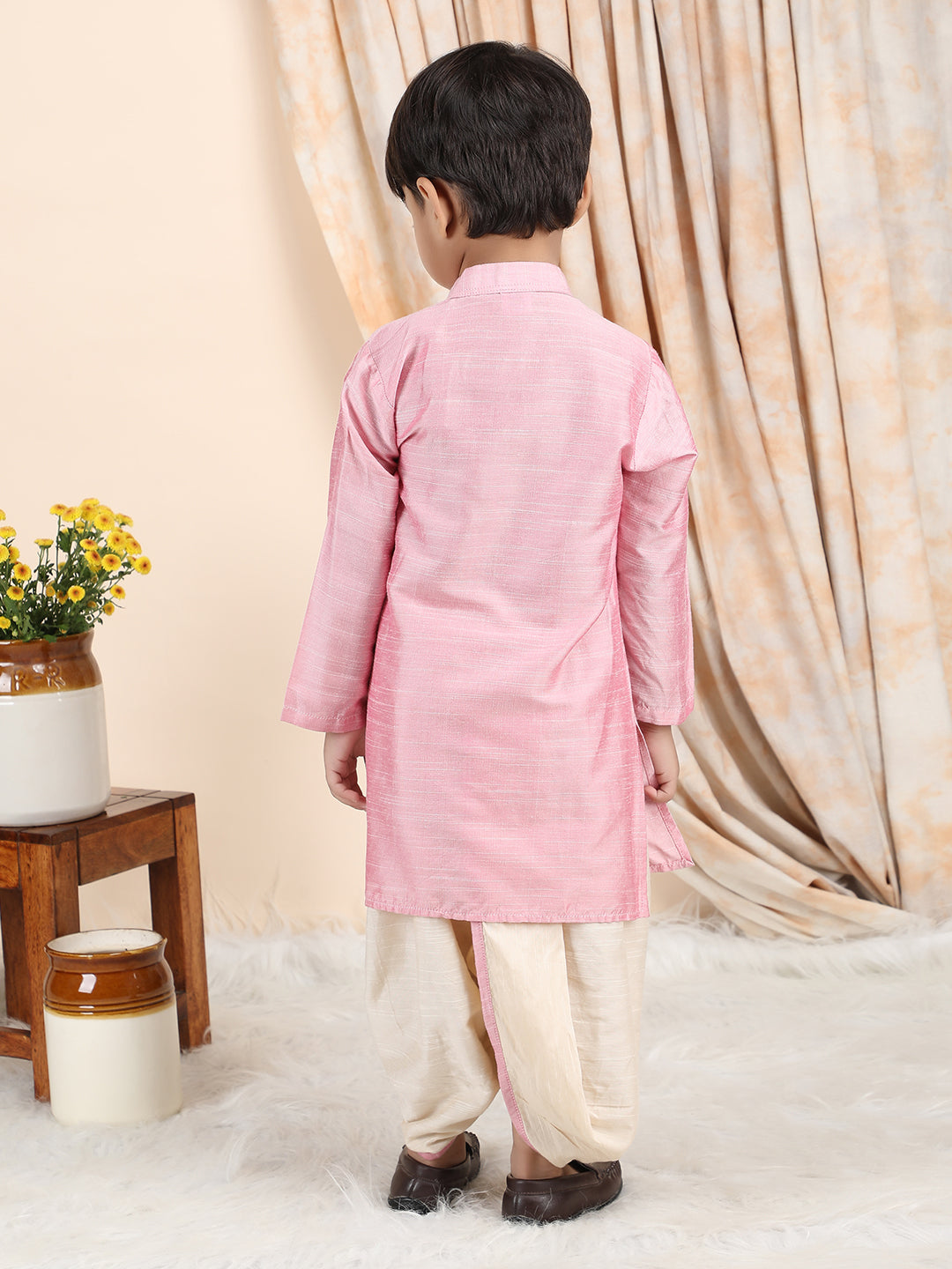 Polka Tots Full Sleeve Solid Kurta with Dhoti Set with Contrast Pocket - Pink