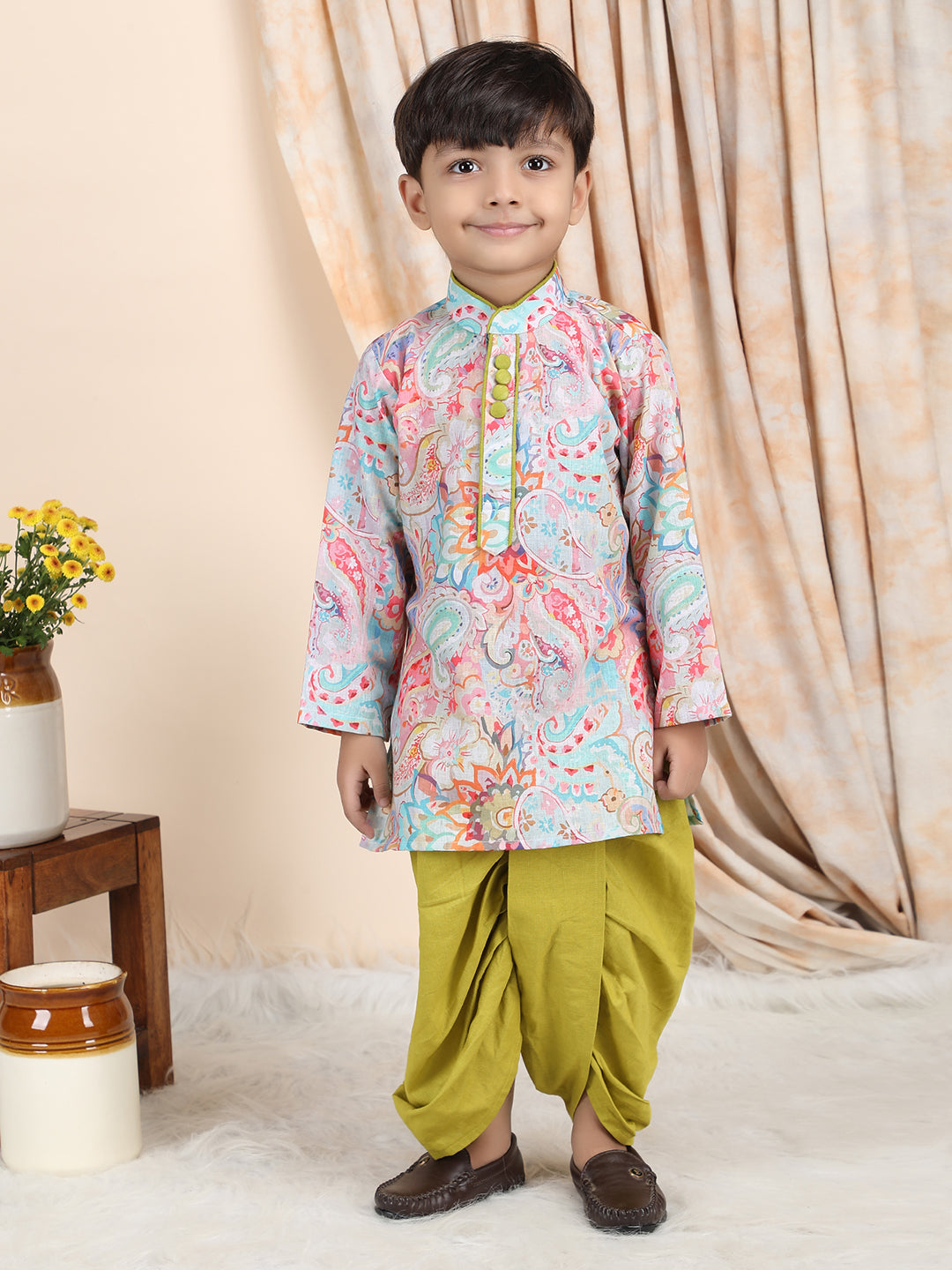 Polka Tots Full Sleeve Ethnic Print Kurta with Dhoti Set - Green