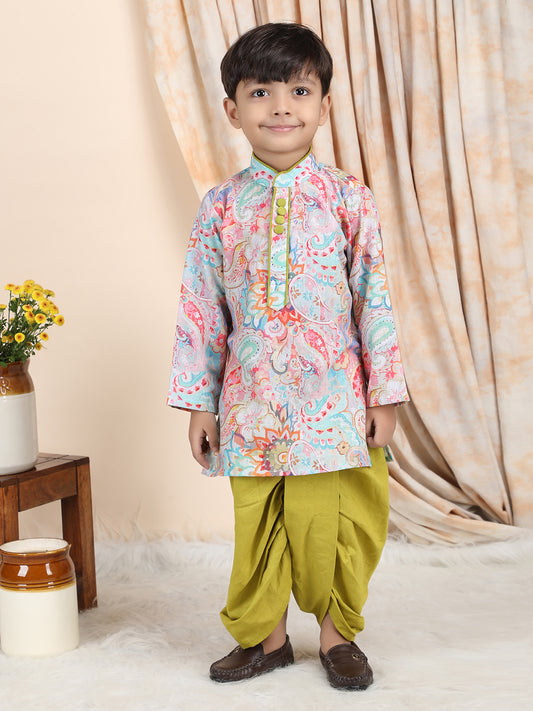 Polka Tots Full Sleeve Ethnic Print Kurta with Dhoti Set - Green