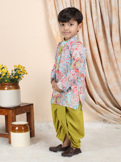 Polka Tots Full Sleeve Ethnic Print Kurta with Dhoti Set - Green