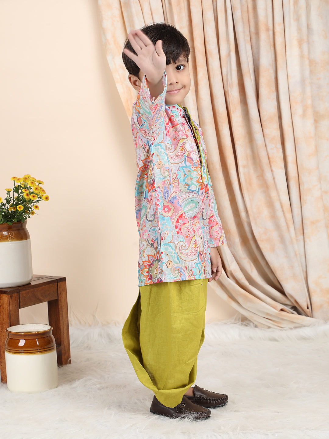 Polka Tots Full Sleeve Ethnic Print Kurta with Dhoti Set - Green