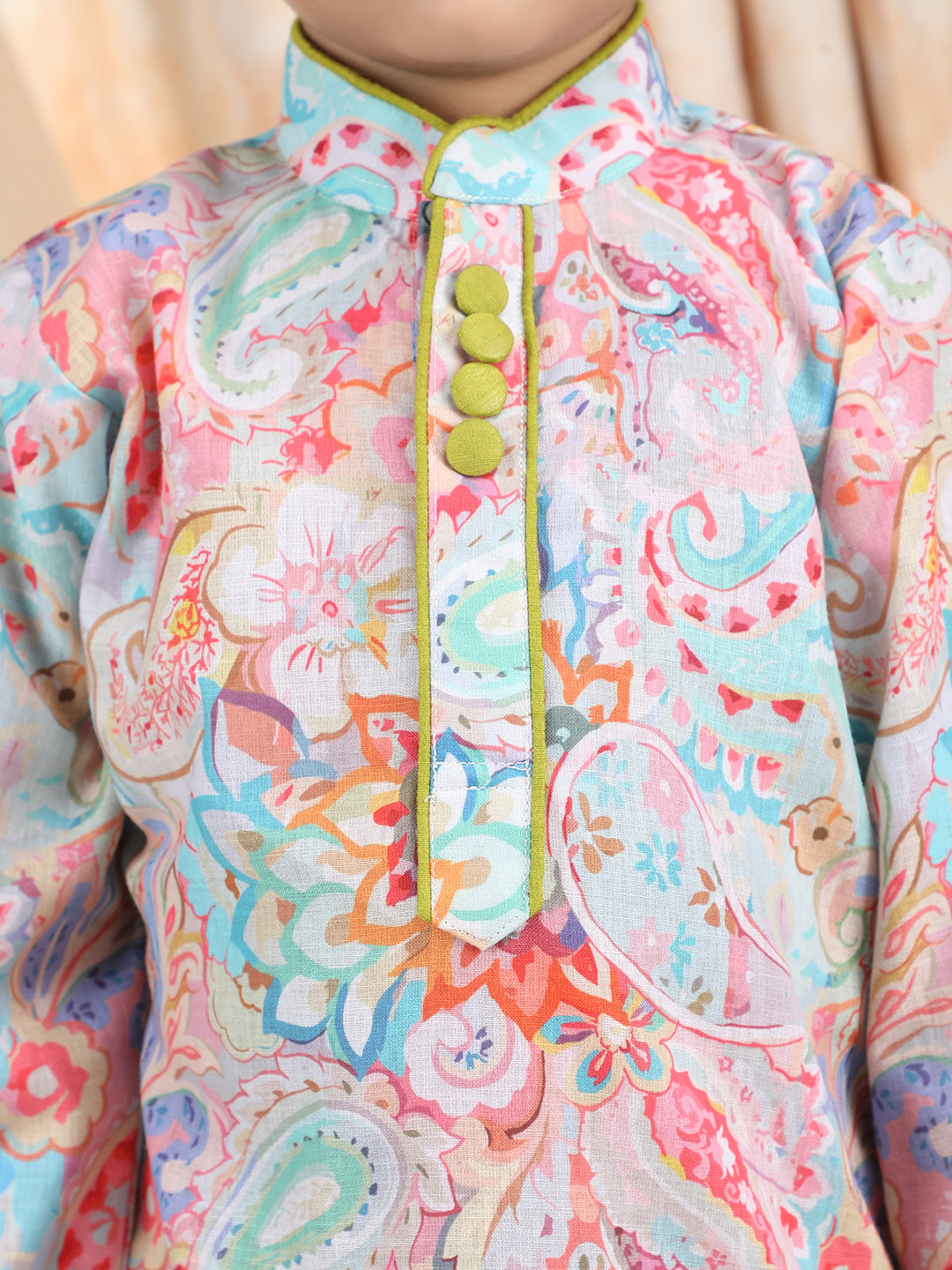 Polka Tots Full Sleeve Ethnic Print Kurta with Dhoti Set - Green