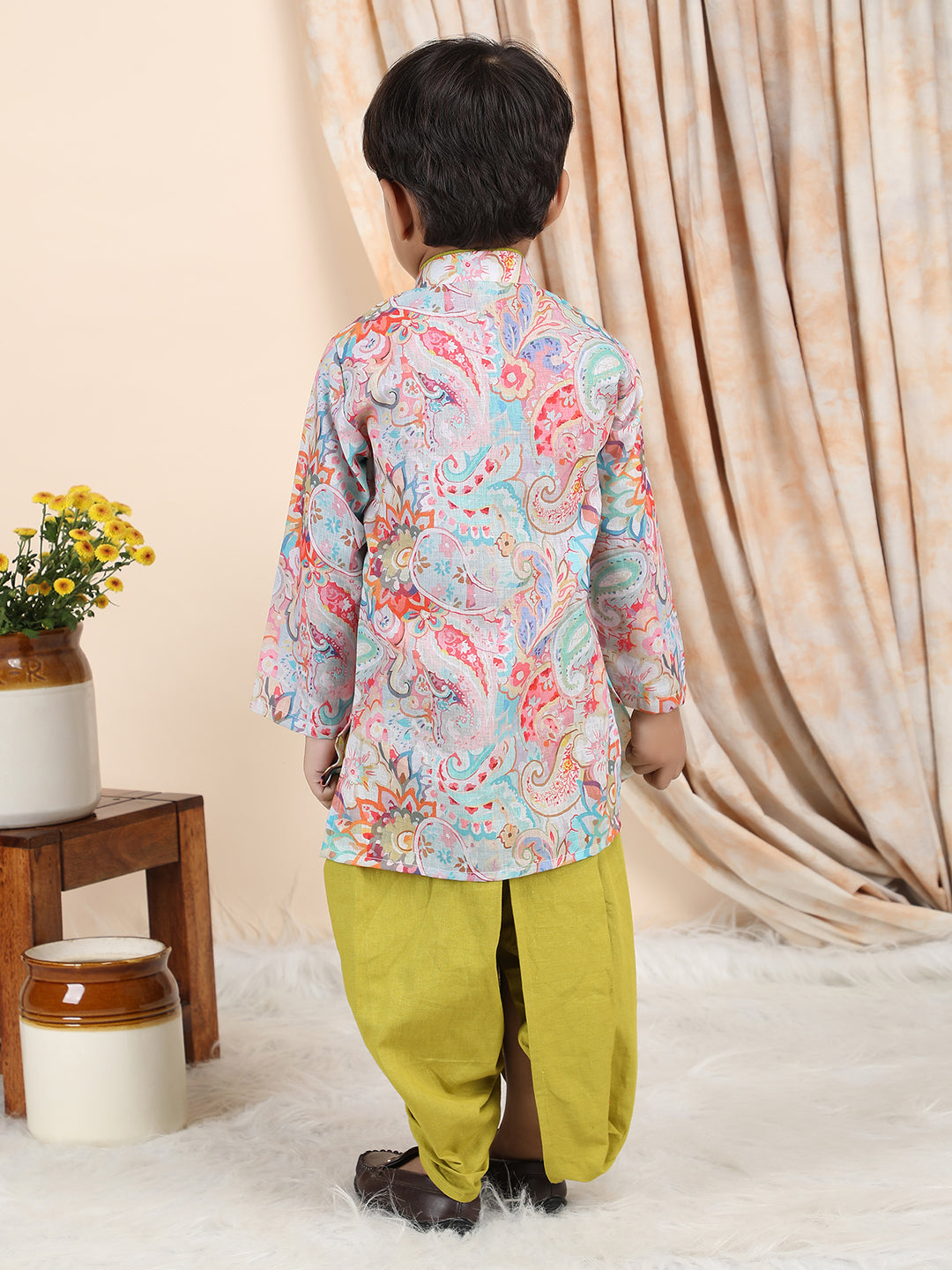 Polka Tots Full Sleeve Ethnic Print Kurta with Dhoti Set - Green