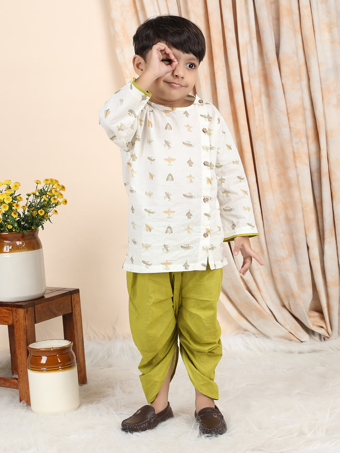 Polka Tots Cotton Full Sleeve Airplane Print Angrakha Top With Dhoti - Green