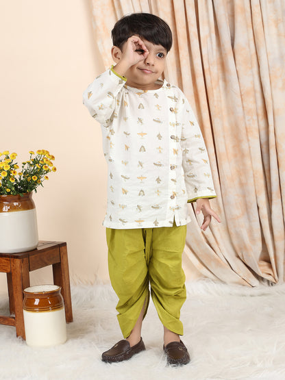 Polka Tots Cotton Full Sleeve Airplane Print Angrakha Top With Dhoti - Green