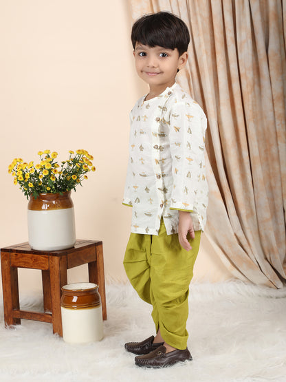 Polka Tots Cotton Full Sleeve Airplane Print Angrakha Top With Dhoti - Green