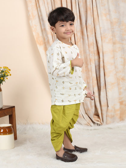 Polka Tots Cotton Full Sleeve Airplane Print Angrakha Top With Dhoti - Green