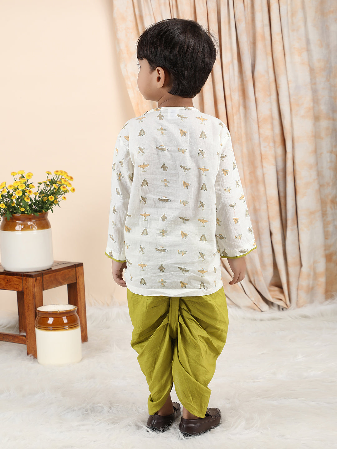 Polka Tots Cotton Full Sleeve Airplane Print Angrakha Top With Dhoti - Green