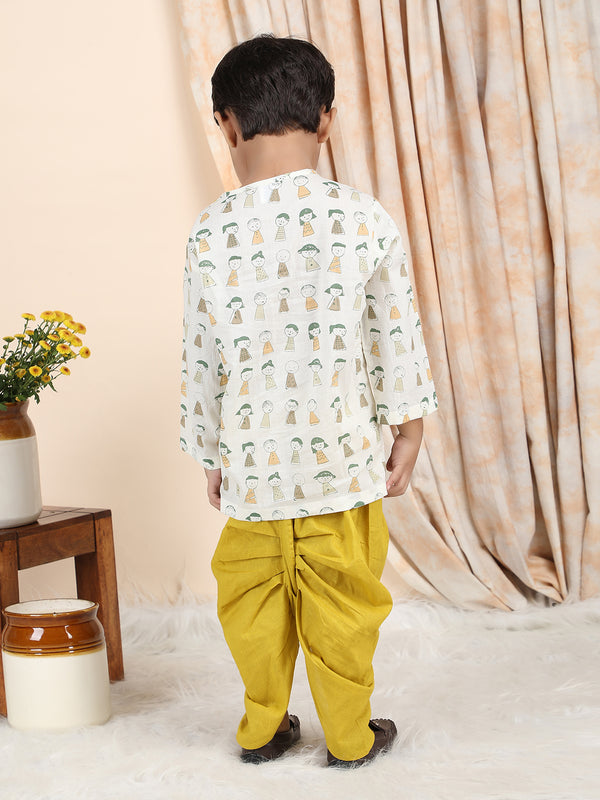 Polka Tots Cotton Full Sleeve Cartoon Print Angrakha Top With Dhoti - Yellow