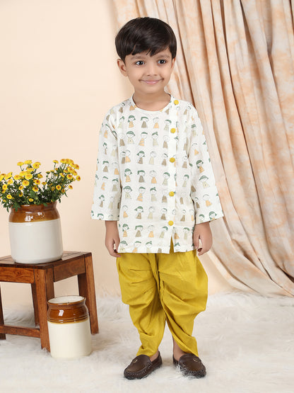 Polka Tots Cotton Full Sleeve Cartoon Print Angrakha Top With Dhoti - Yellow
