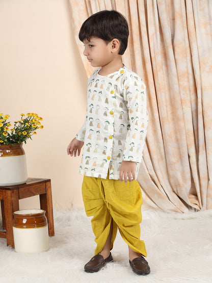 Polka Tots Cotton Full Sleeve Cartoon Print Angrakha Top With Dhoti - Yellow