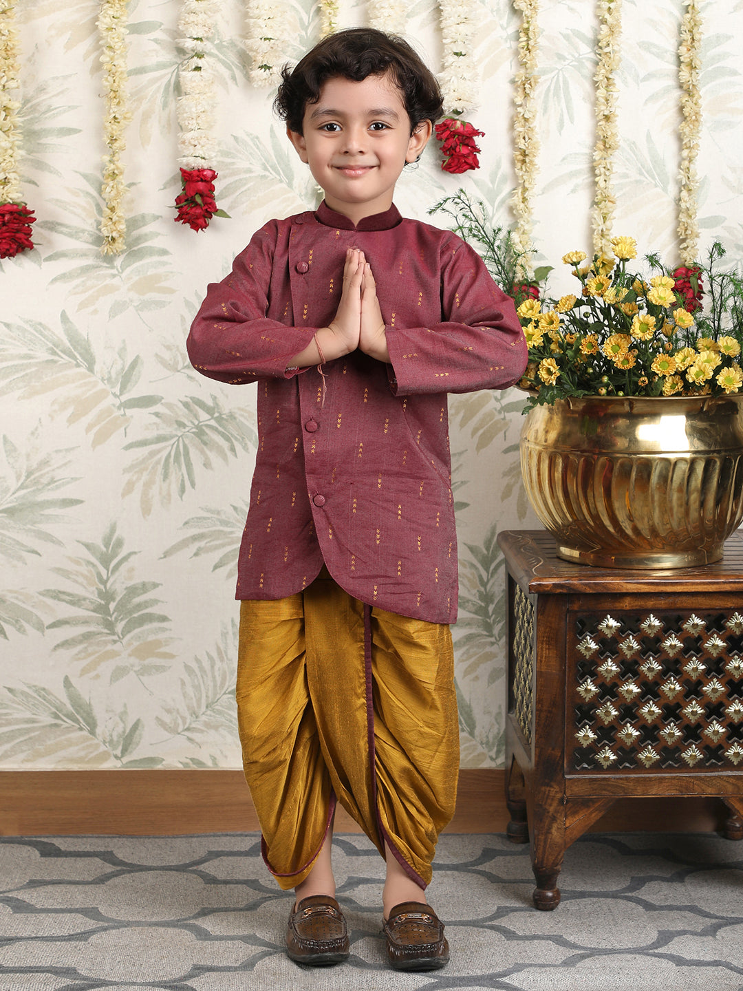 Polka Tots Full Sleeve Angrakha Top With Dhoti - Maroon