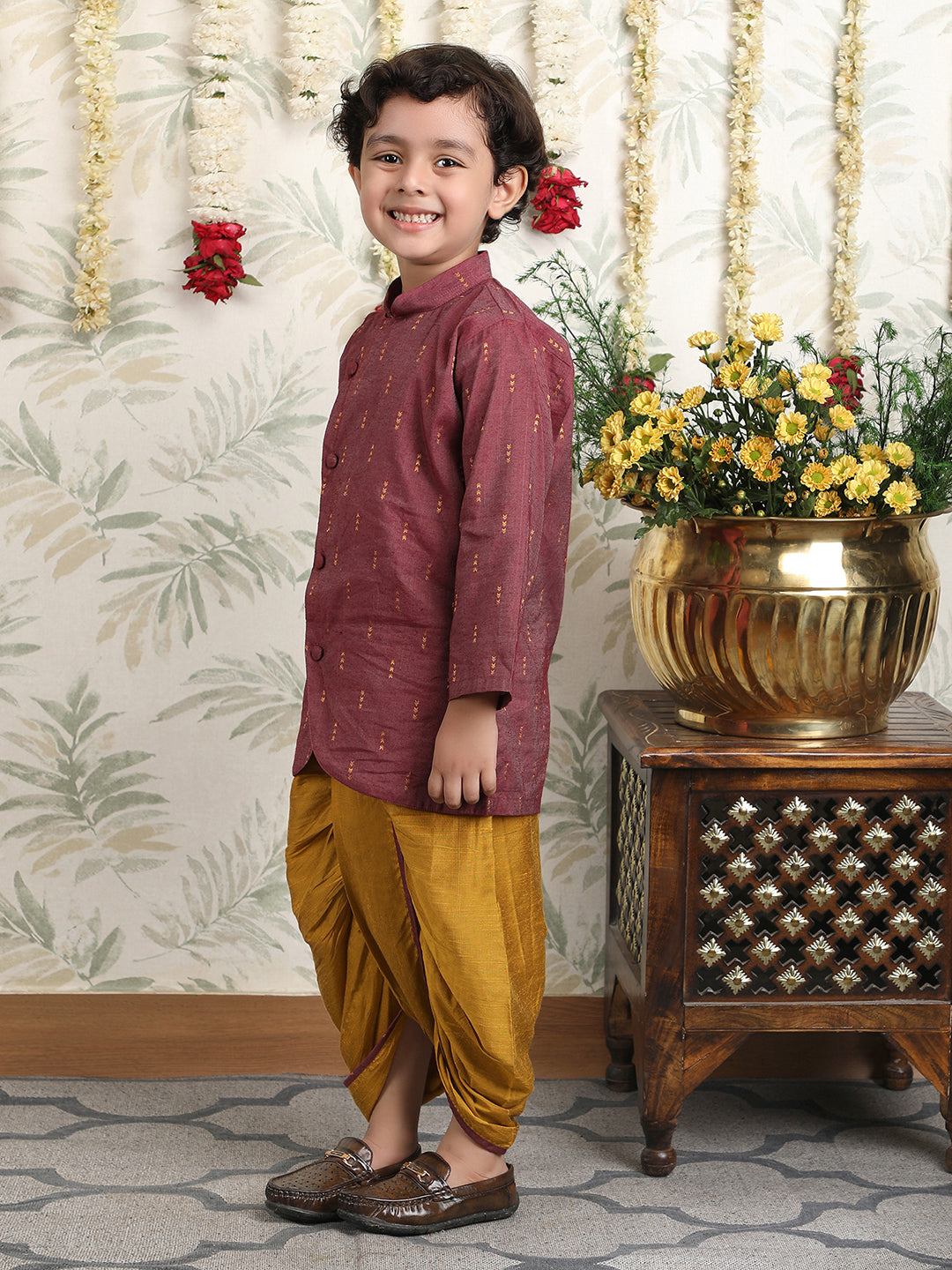 Polka Tots Full Sleeve Angrakha Top With Dhoti - Maroon