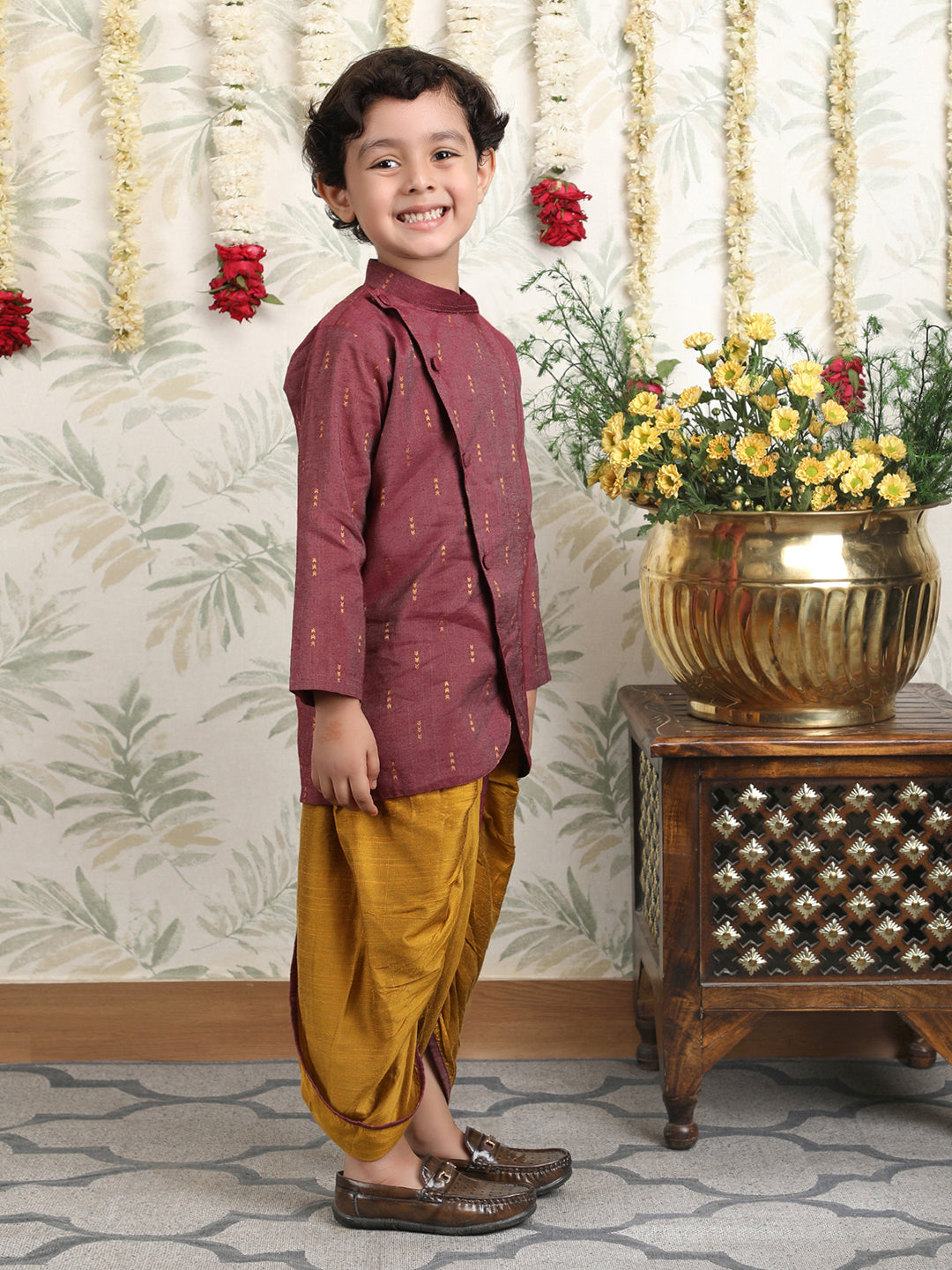 Polka Tots Full Sleeve Angrakha Top With Dhoti - Maroon