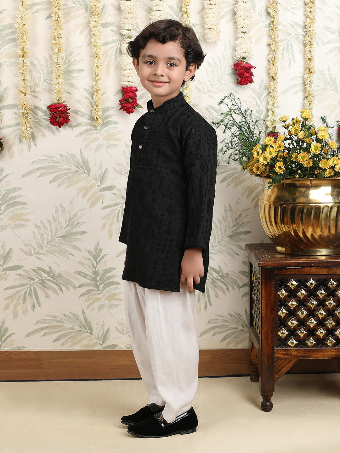 Polka Tots Full Sleeves Textured Pathani Kurta Set - Black