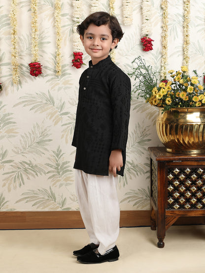 Polka Tots Full Sleeves Textured Pathani Kurta Set - Black