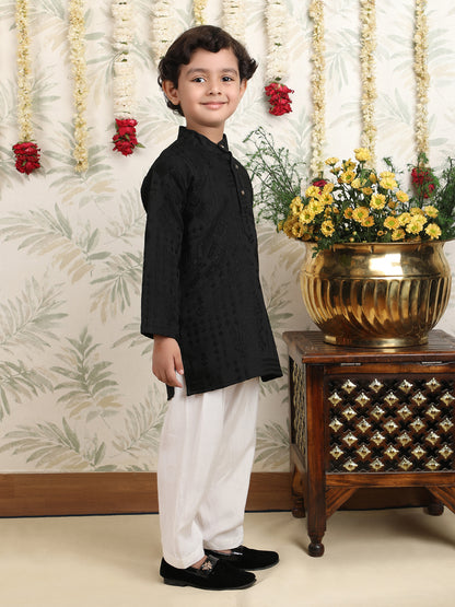Polka Tots Full Sleeves Textured Pathani Kurta Set - Black