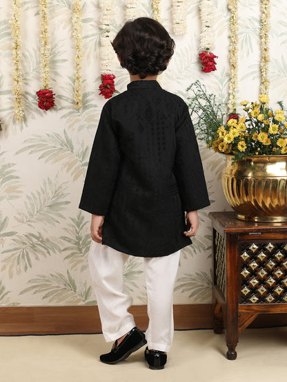 Polka Tots Full Sleeves Textured Pathani Kurta Set - Black