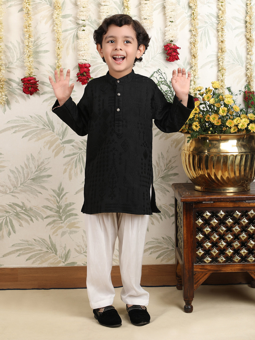 Polka Tots Full Sleeves Textured Pathani Kurta Set - Black