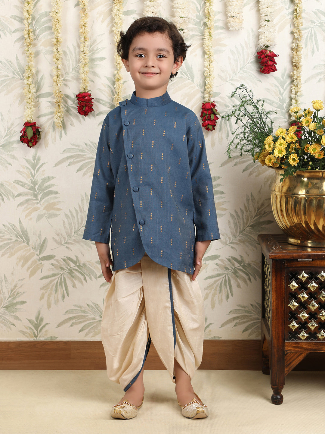 Polka Tots Full Sleeve Angrakha Top With Dhoti - Grey