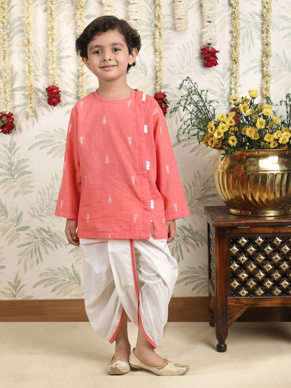 Polka Tots Full Sleeve Angrakha Top With Dhoti - Peach