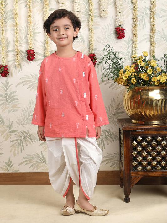 Polka Tots Full Sleeve Angrakha Top With Dhoti - Peach