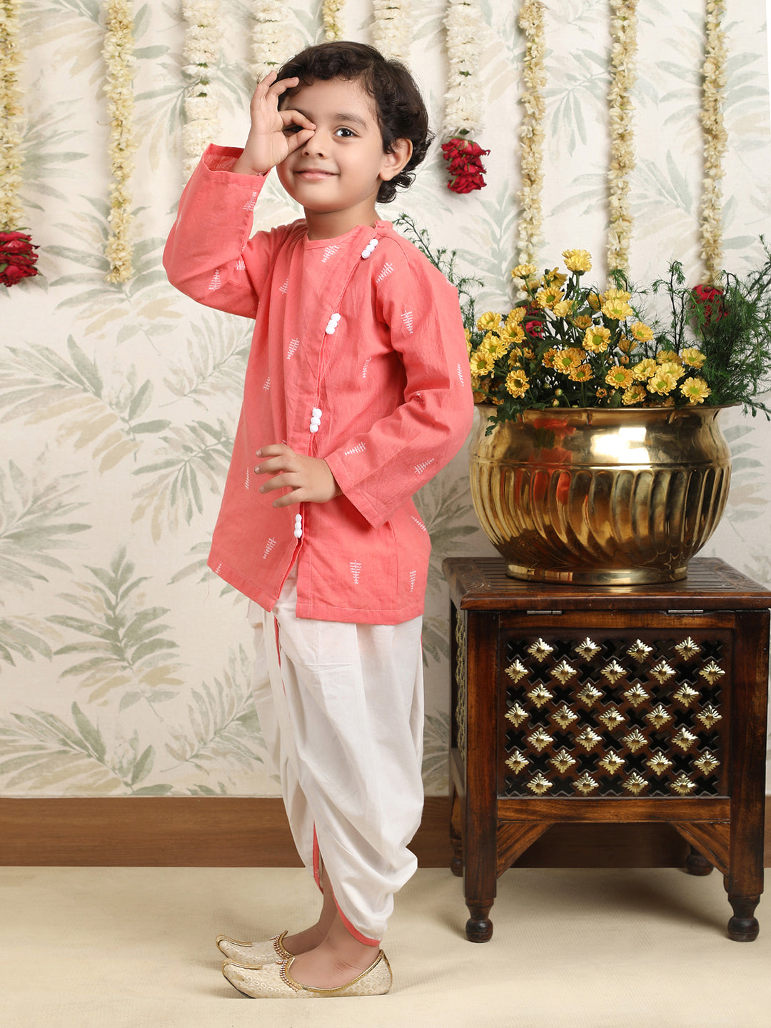 Polka Tots Full Sleeve Angrakha Top With Dhoti - Peach