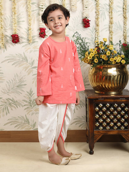 Polka Tots Full Sleeve Angrakha Top With Dhoti - Peach