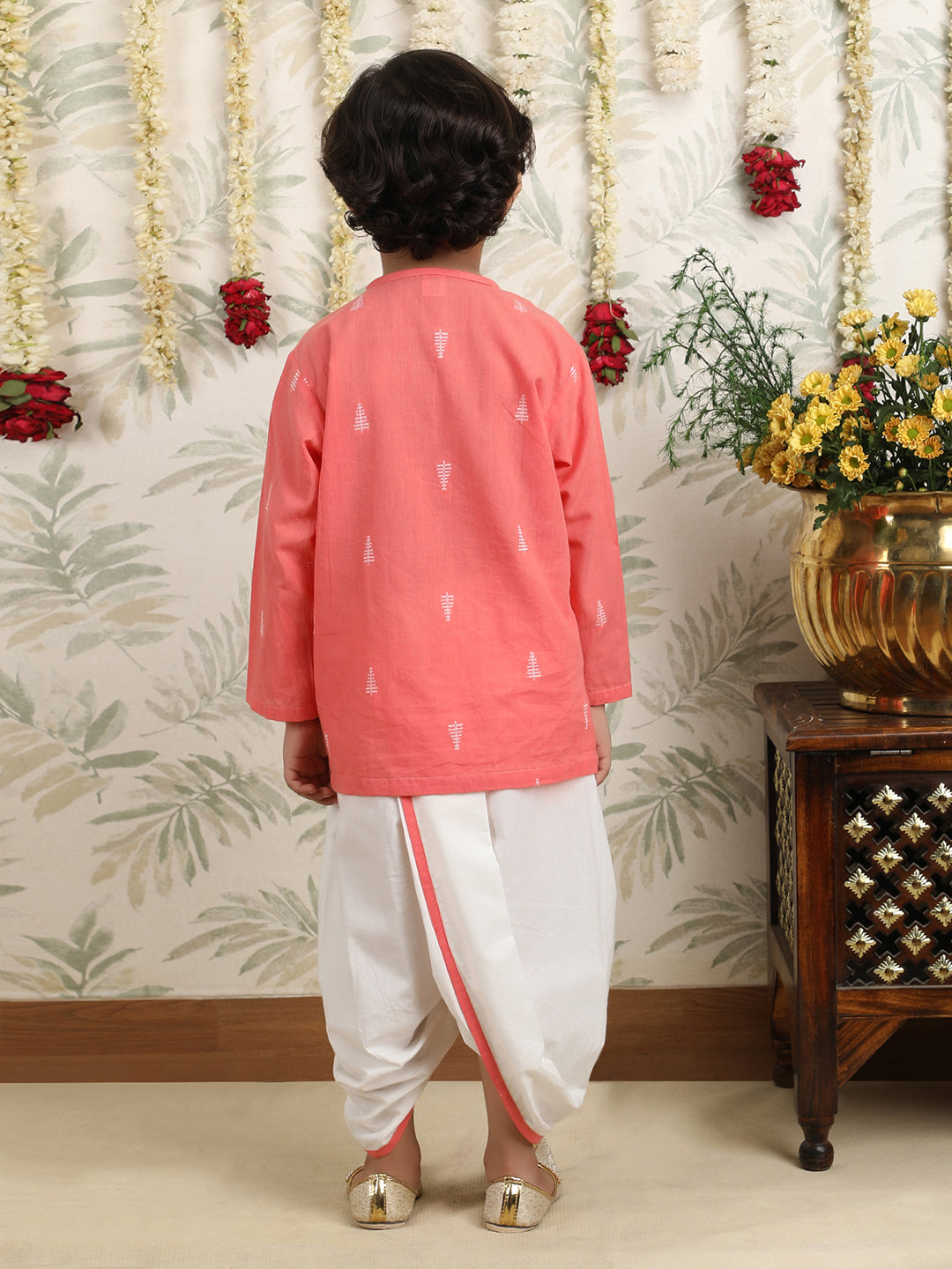 Polka Tots Full Sleeve Angrakha Top With Dhoti - Peach