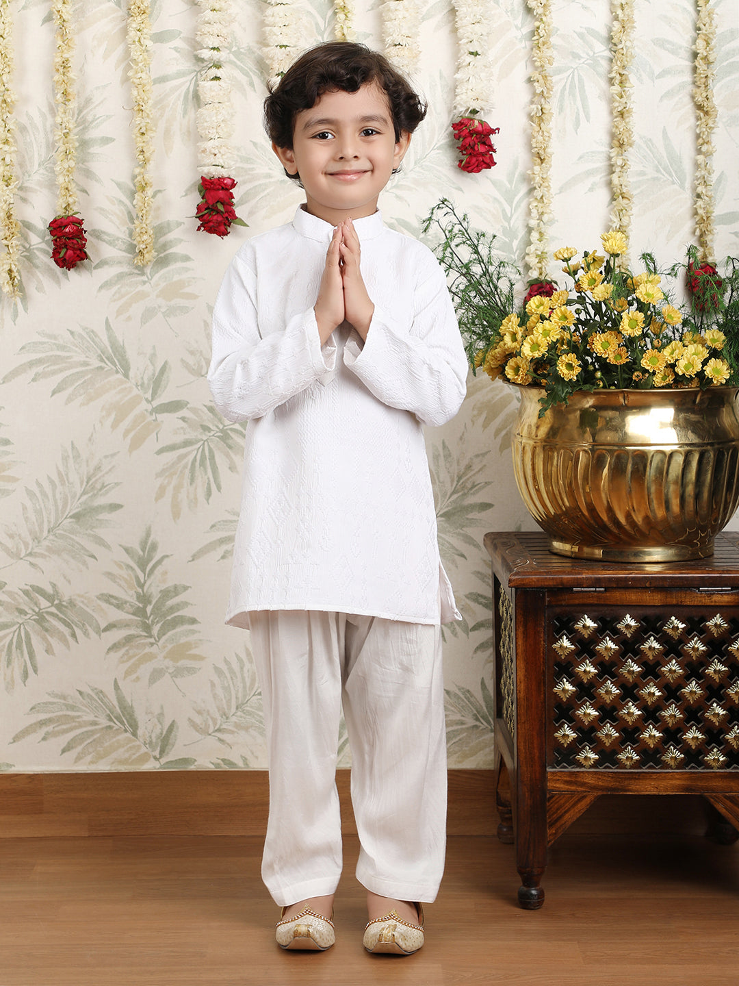 Polka Tots Full Sleeves Textured Pathani Kurta Set - White