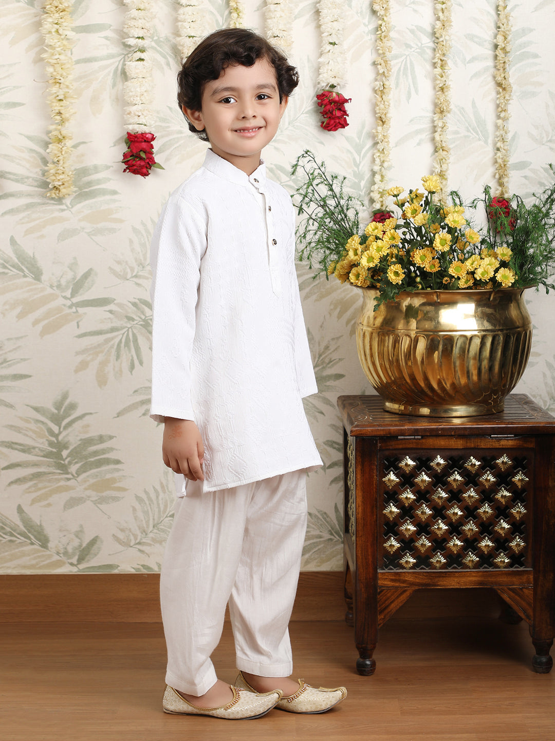 Polka Tots Full Sleeves Textured Pathani Kurta Set - White