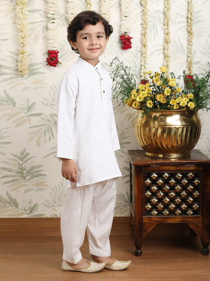 Polka Tots Full Sleeves Textured Pathani Kurta Set - White