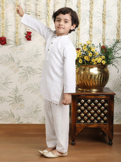Polka Tots Full Sleeves Textured Pathani Kurta Set - White