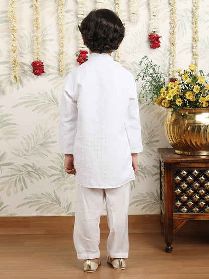 Polka Tots Full Sleeves Textured Pathani Kurta Set - White