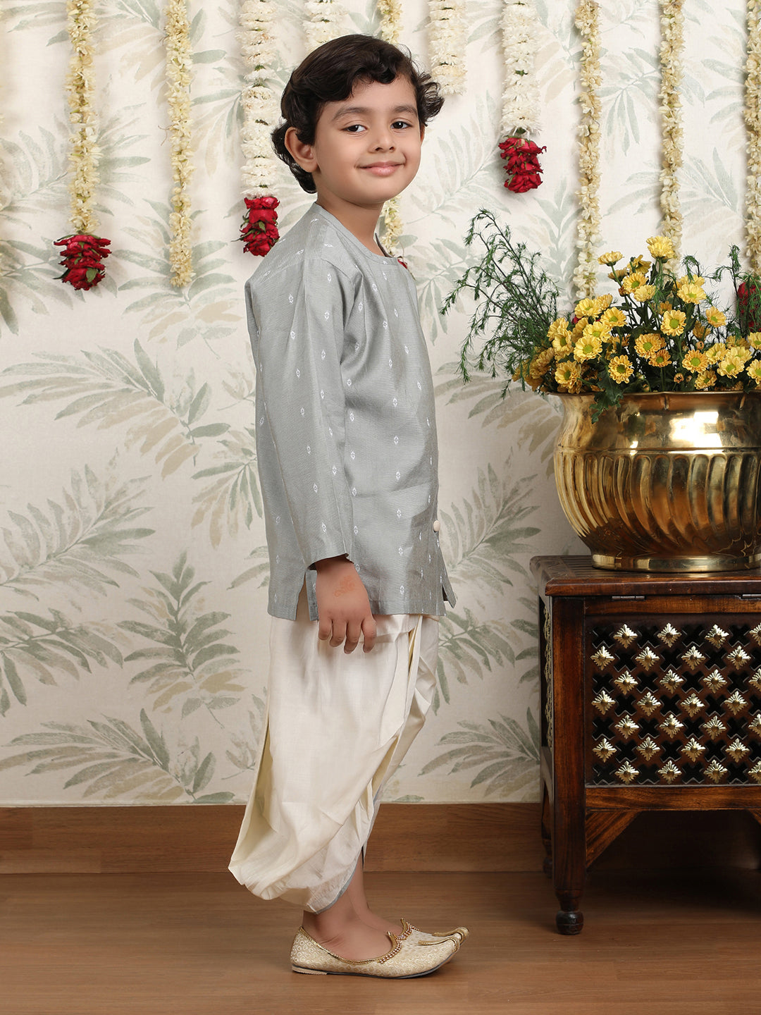 Polka Tots Full Sleeve Angrakha Top With Dhoti - Grey