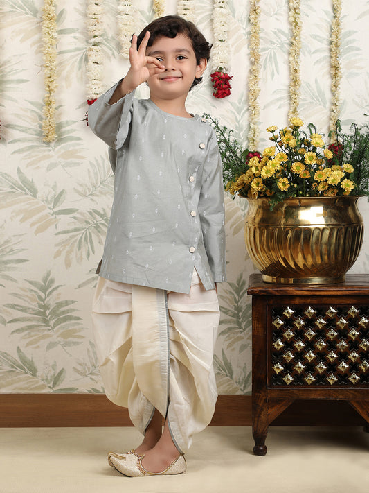 Polka Tots Full Sleeve Angrakha Top With Dhoti - Grey