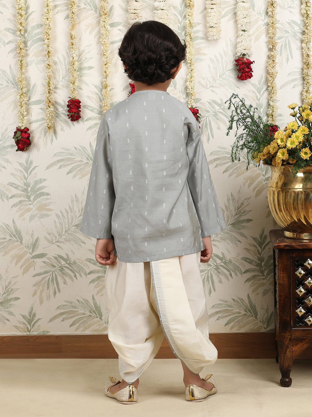 Polka Tots Full Sleeve Angrakha Top With Dhoti - Grey