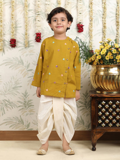 Polka Tots Full Sleeve Leaf Embroidery Angrakha Top With Dhoti - Yellow