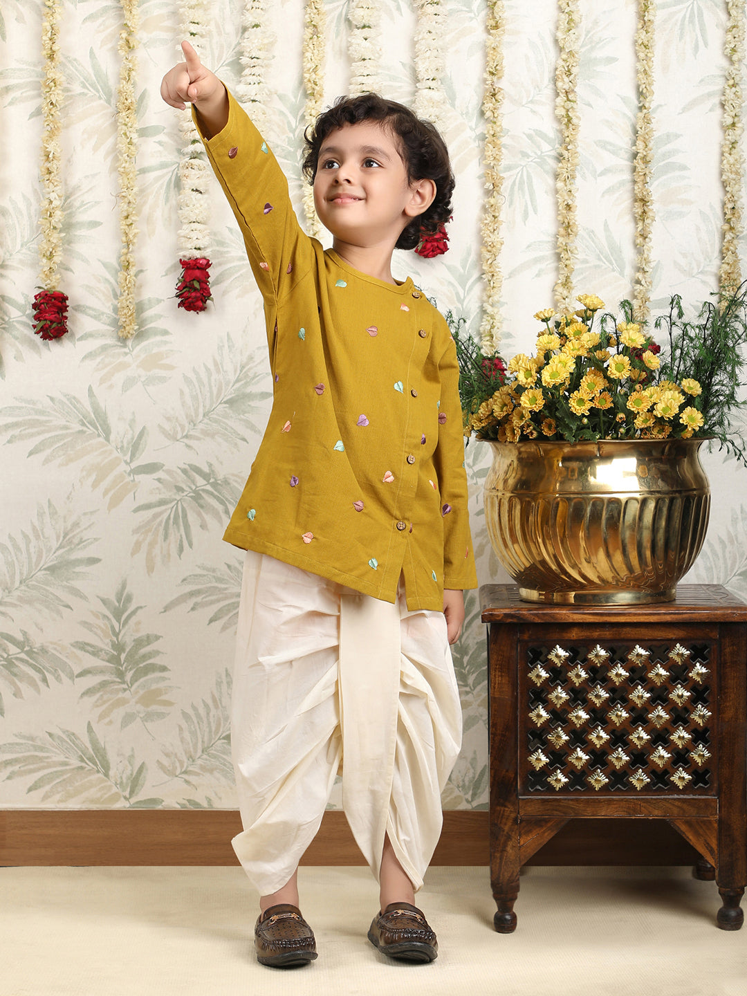 Polka Tots Full Sleeve Leaf Embroidery Angrakha Top With Dhoti - Yellow
