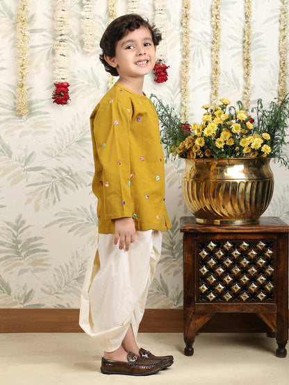 Polka Tots Full Sleeve Leaf Embroidery Angrakha Top With Dhoti - Yellow