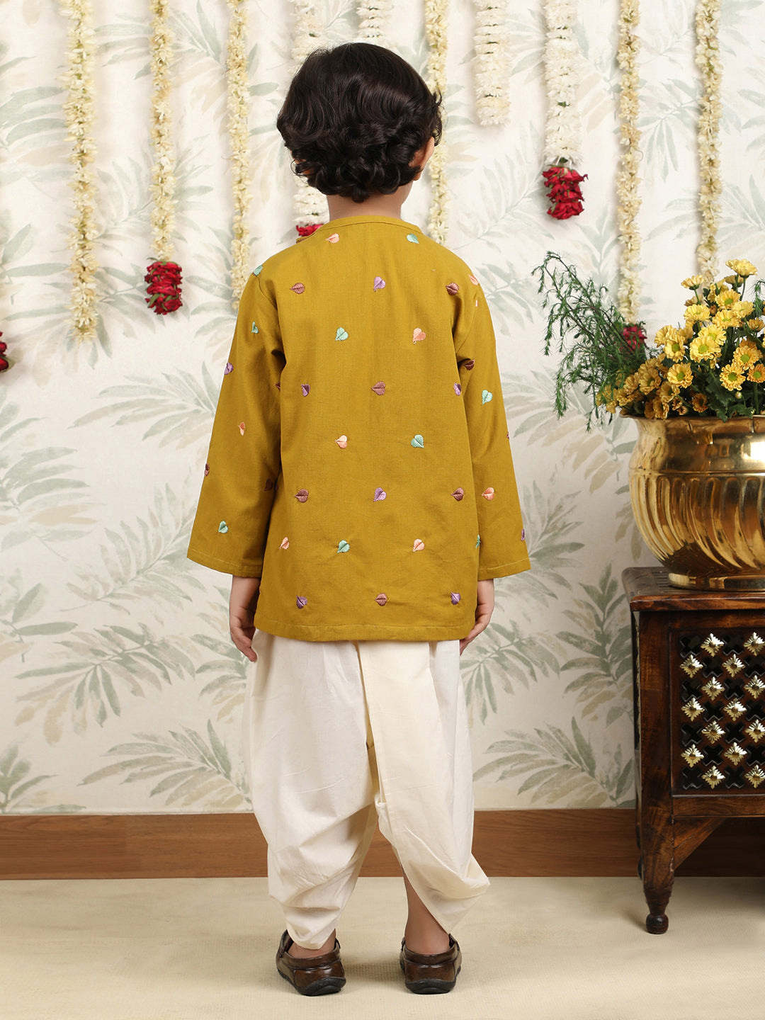 Polka Tots Full Sleeve Leaf Embroidery Angrakha Top With Dhoti - Yellow